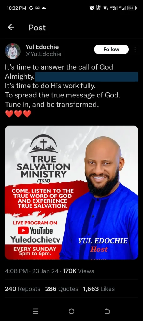 Netizen reacts as actor Yul Edochie unveiled his ministry ‘TSM’