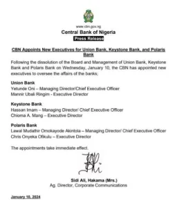 CBN appoints new executives for Union, Keystone, Polaris Banks 